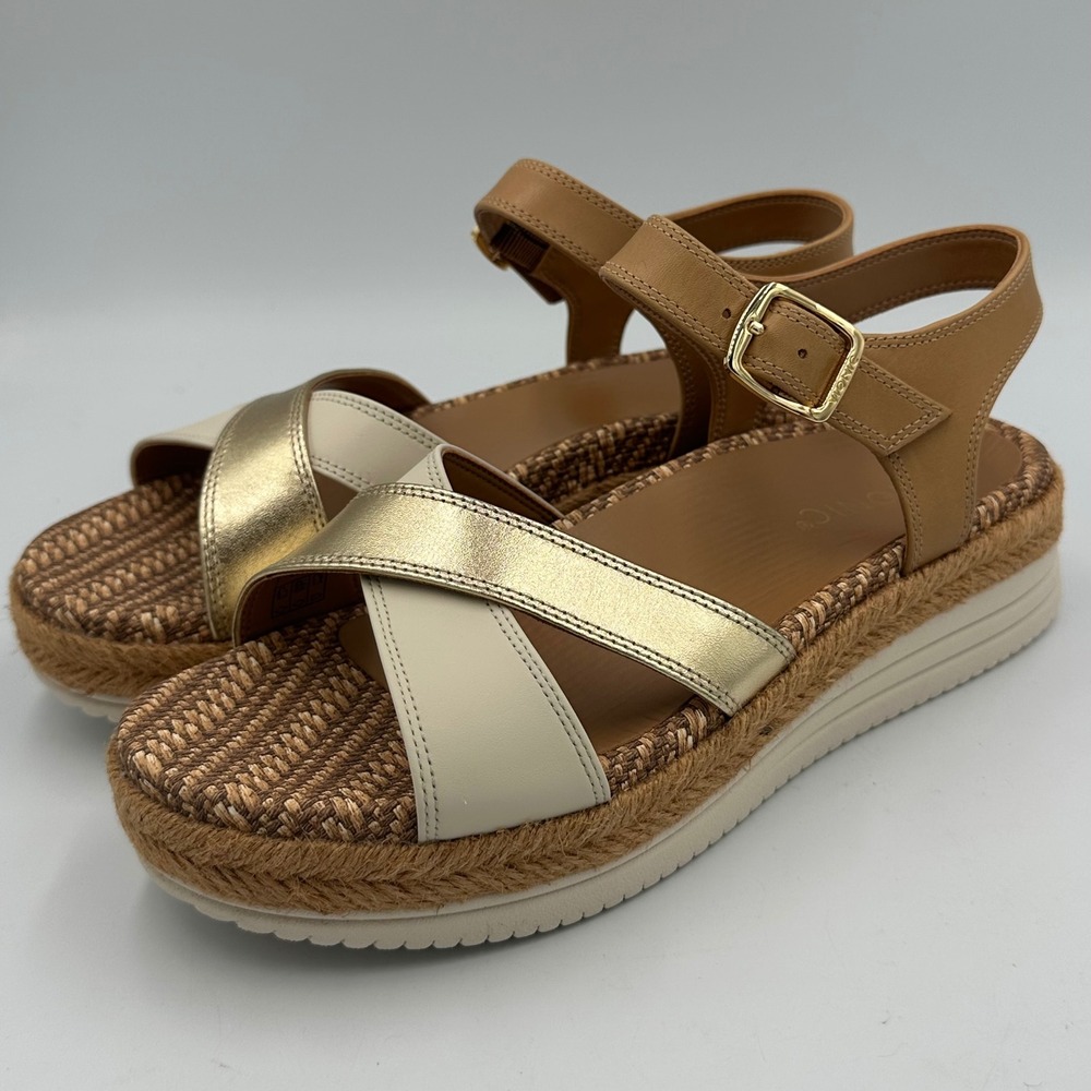 Vionic Mar Platform Sandals Womens 7 Camel Gold Leather Espadrille BOHo Comfort